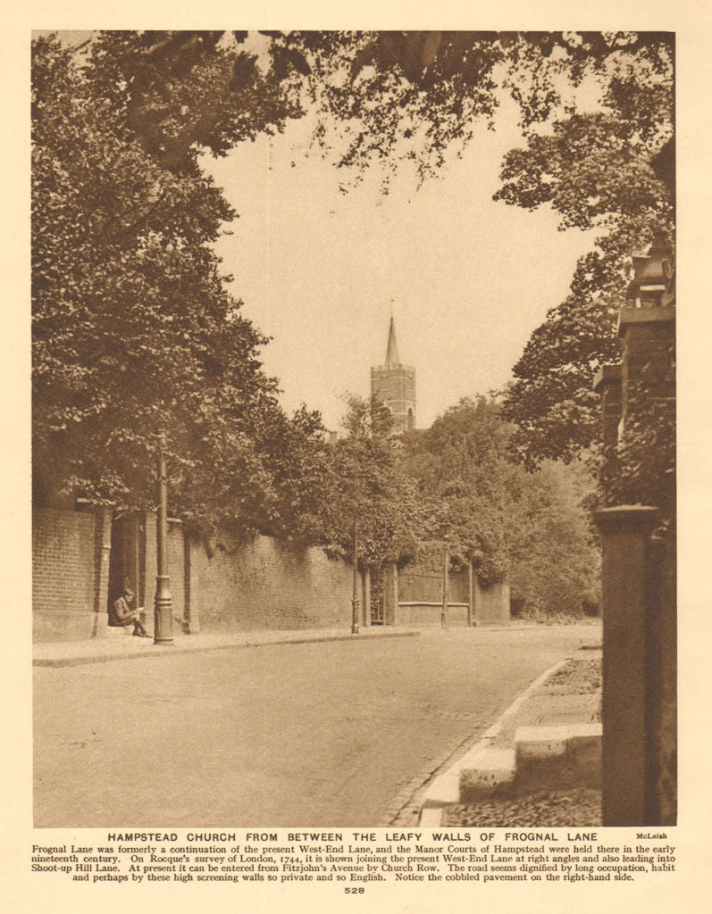 Hampstead church from between the leafy walls of Frognal Lane 1926 old print